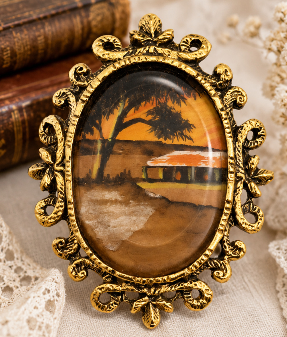 Vintage Scenic Sunset Landscape Brooch Pendant Gold Tone Oval Convertible 2.5"